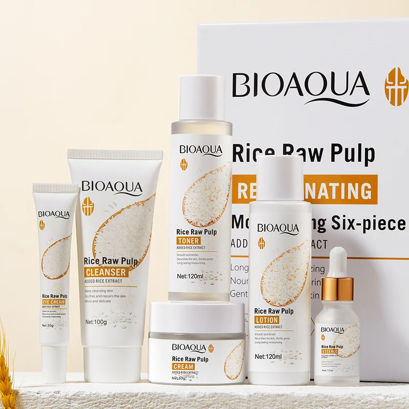 BIOAQUA 6pcs/set Rice Raw Pulp Skin Care Sets Face Cream Serum Anti wrinkle Moisturizing Facial Cleanser Toner Korean Face Care - Image 2