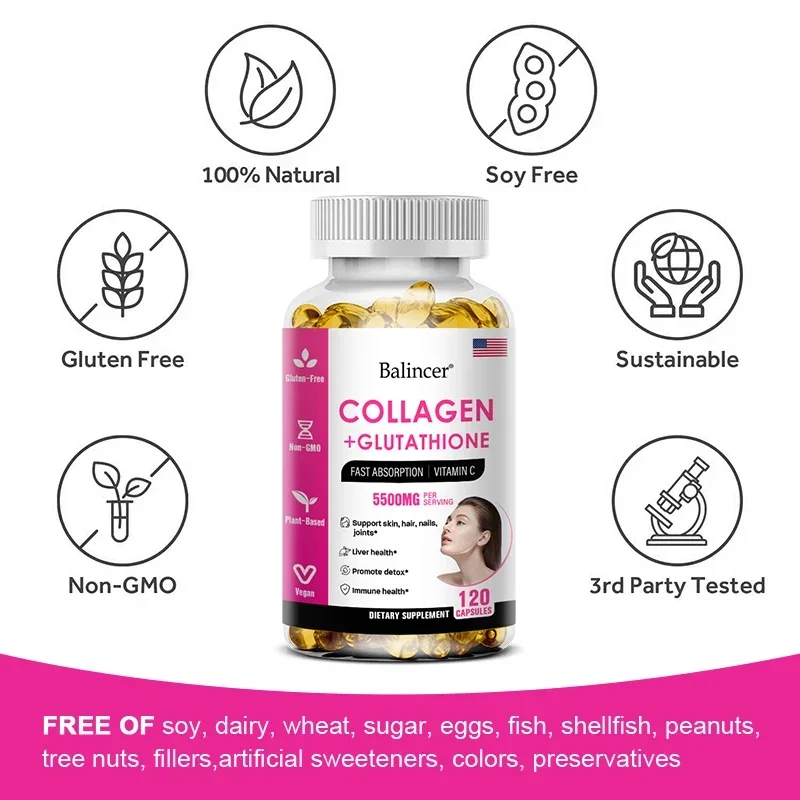 Balincer 5500mg Hydrolyzed Collagen 2200mg Glutathione 1300mg Biotin MSM and Vitamin C B6 B3 Capsule Nutritional Supplement - Image 6