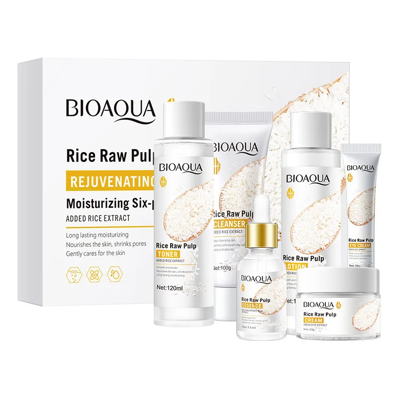 BIOAQUA 6pcs/set Rice Raw Pulp Skin Care Sets Face Cream Serum Anti wrinkle Moisturizing Facial Cleanser Toner Korean Face Care - Image 6
